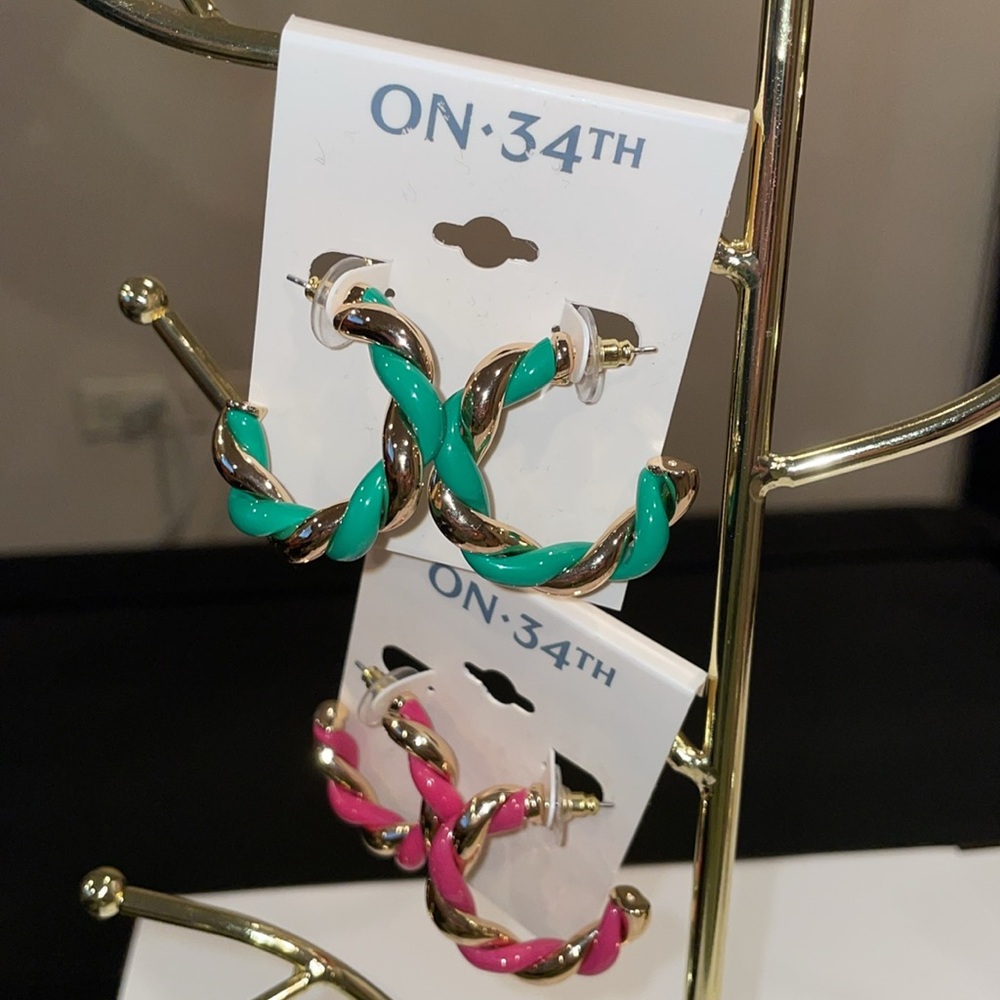 On 34th Earring Bundle 2 Pairs Gold Metal Earrings with Green & Pink Twists NWT